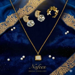 Gold Crystal Drop & Leaf Ring 3 Piece Bridal Jewellery Set